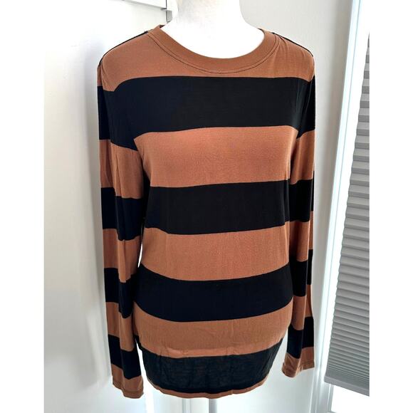 Alice + Olivia Colorblock Stripe Medium Brown Black Henley Pullover Long Sleeve - Picture 4 of 8